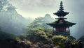 Japanese-style shrine on top of misty overgrown mountain