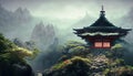 Japanese-style shrine on top of misty overgrown mountain