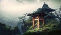 Japanese-style shrine on top of misty overgrown mountain