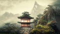 Japanese-style shrine on top of misty overgrown mountain