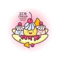 Japanese style smiled ice cream illustration. Banana split ice cream. Colorful ice cream on a banana.