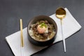 Japanese style stir fried sliced pork with onsen egg on rice Royalty Free Stock Photo