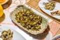 Japanese style vegetable pickles on breakfast table.