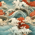 japanese style waves and clouds with red and orange trees in the background Royalty Free Stock Photo