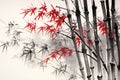 Japanese sumi-e style bamboo painting illustration. AI generative