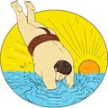 Japanese Sumo Wrestler Diving Sea Sunset Circle Drawing