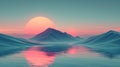 Japanese sunset art. Sunset over a serene lake surrounded by majestic mountains