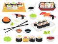 Japanese sushi bar. Rolls with salmon and rice, asian style food and equipment. Seafood and sashimi, asia culture Royalty Free Stock Photo