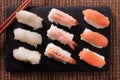 Japanese sushi food various selection chopsticks flat lay Royalty Free Stock Photo