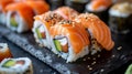 japanese sushi food. Maki ands rolls with tuna, salmon, shrimp, crab and avocado. Royalty Free Stock Photo