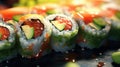 japanese sushi food. Maki ands rolls with tuna, salmon, shrimp, crab and avocado. Rainbow sushi roll, uramaki, hosomaki