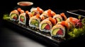 japanese sushi food. Maki ands rolls with tuna, salmon, shrimp, crab and avocado. Rainbow sushi roll, uramaki, hosomaki