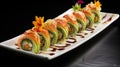 japanese sushi food. Maki ands rolls with tuna, salmon, shrimp, crab and avocado. Rainbow sushi roll, uramaki, hosomaki