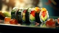 japanese sushi food. Maki ands rolls with tuna, salmon, shrimp, crab and avocado. Rainbow sushi roll, uramaki, hosomaki