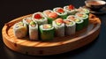 japanese sushi food. Maki ands rolls with tuna, salmon, shrimp, crab and avocado. Rainbow sushi roll, uramaki, hosomaki Royalty Free Stock Photo