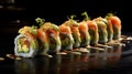 japanese sushi food. Maki ands rolls with tuna, salmon, shrimp, crab and avocado. Rainbow sushi roll, uramaki, hosomaki