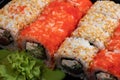 Japanese sushi food. Maki ands rolls with tuna, salmon, shrimp, crab and avocado. Top view of assorted sushi, all you can eat menu Royalty Free Stock Photo