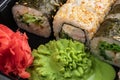 Japanese sushi food. Maki ands rolls with tuna, salmon, shrimp, crab and avocado. Top view of assorted sushi, all you can eat menu Royalty Free Stock Photo