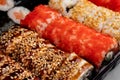 Japanese sushi food. Maki ands rolls with tuna, salmon, shrimp, crab and avocado. Top view of assorted sushi, all you can eat menu Royalty Free Stock Photo