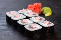 japanese sushi food. Maki ands rolls with tuna salmon shrimp crab and avocado. Top view of assorted sushi. Rainbow sushi roll Royalty Free Stock Photo