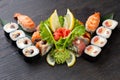 japanese sushi food. Maki ands rolls with tuna salmon shrimp crab and avocado. Top view of assorted sushi. Rainbow sushi roll Royalty Free Stock Photo