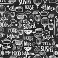 Japanese sushi food seamless background. Hand drawn illustration on dark chalk background. Can be used for menu