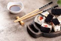 Japanese sushi food. Top view of sushi. Rolls with masaga caviar. Still life. Unusual composition of rolls