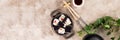 Japanese sushi food. Top view of sushi. Rolls with masaga caviar. Unusual composition of rolls