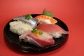 Japanese sushi plate close up in the celebration mood Royalty Free Stock Photo