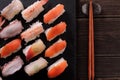 Japanese sushi platter various different with chopsticks top view Royalty Free Stock Photo