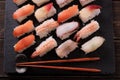 Japanese sushi platter various different with chopsticks top view Royalty Free Stock Photo