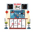 Japanese sushi restaurant counter background. Asian traditional cuisine vector illustration. Modern interior design with