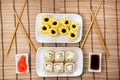 Japanese sushi roll with tempura shrimp. Deep-fried. for two persons. view from the top, a place for copy space Royalty Free Stock Photo
