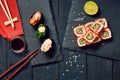 Sushi set of different rolls with soy sauce Royalty Free Stock Photo