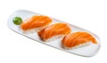 Sushi sake nigiri with salmon served on platter