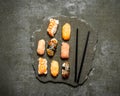 Japanese sushi with salmon, shrimp and eel. Royalty Free Stock Photo