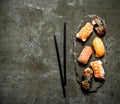 Japanese sushi with salmon, shrimp and eel. Royalty Free Stock Photo