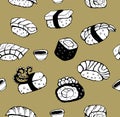 Japanese sushi. Seamless black and white pattern. On a Golden background. Vector illustration hand drawn Royalty Free Stock Photo