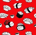 Japanese sushi. Seamless black and white pattern. On red background. Vector illustration hand drawn Royalty Free Stock Photo