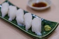 Japanese sushi set. Sushi Engawa on plate. Fluke Fin Sashimi Royalty Free Stock Photo