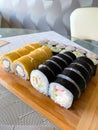 Japanese sushi set. Set of sushi rolls delivered home ready to eat fast healthy food Royalty Free Stock Photo