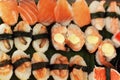 Japanese sushi - sushi egg, shrimp, crab stick, seaweed. Royalty Free Stock Photo