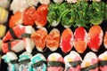 Japanese sushi - sushi egg, shrimp, crab stick, seaweed. Royalty Free Stock Photo