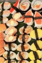 Japanese sushi - sushi egg, shrimp, crab stick, seaweed. Royalty Free Stock Photo