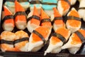 Japanese sushi - sushi egg, shrimp, crab stick, seaweed. Royalty Free Stock Photo