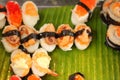 Japanese sushi - sushi egg, shrimp, crab stick, seaweed. Royalty Free Stock Photo