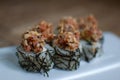 Japanese sushi with tuna and algae. Close up of sushi rolls on white plate. Royalty Free Stock Photo