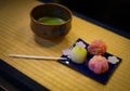 Japanese sweets and green tea that has been placed on the tatami Royalty Free Stock Photo