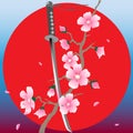 Japanese sword katana or tachi and blooming sakura, against the background of the rising sun, logo, icon in Asian style. Vector il