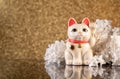 Japanese symbol of good luck maneki neko cat framed by white lilac flowers on a golden bokeh background with reflection